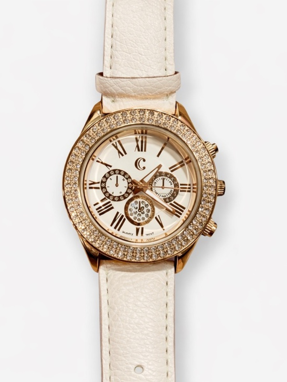 Charming Charlie Gold Rhinestone Watch White Strap Roman Numeral Glam